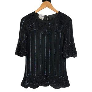 80’s Vintage Black Iridescent Sequined Beaded Short Sleeve Blouse Top